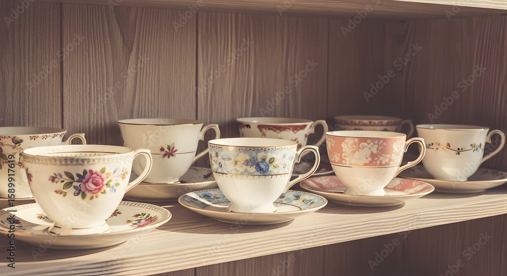 Fototapeta premium A collection of vintage teacups and saucers displayed on a wooden shelf.