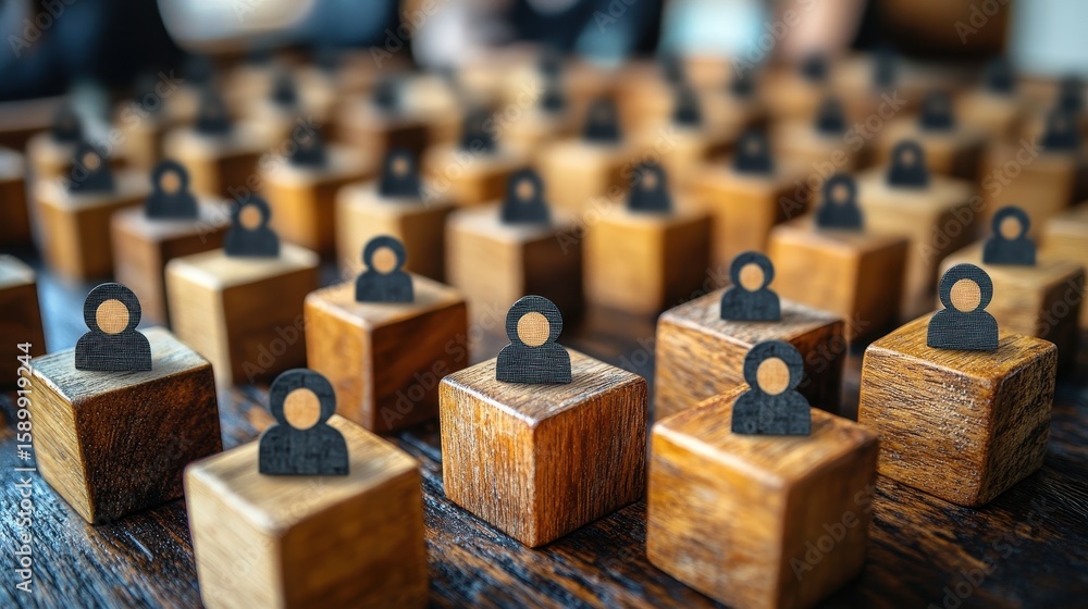 Obraz premium Business deal and collaboration on internet. Top view of many wood cubes with people icons. Business concept