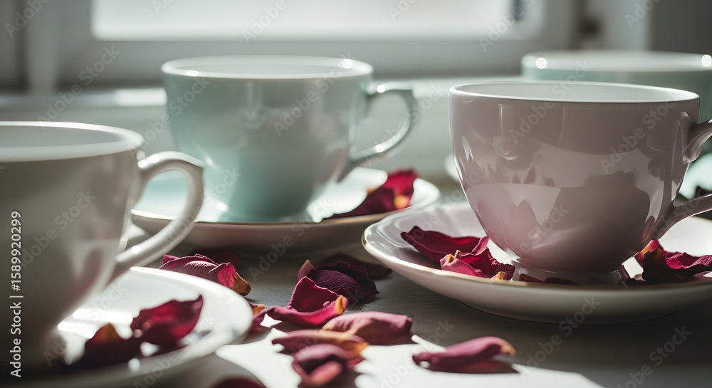 Fototapeta premium A close-up view of a collection of pastel-colored teacups and saucers, adorned with scattered rose petals, near a window.