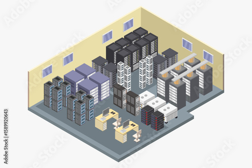 Network server room with row of computer equipments isometric