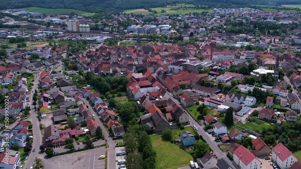 Aerial panoramic view around the old town of the city Eppingen on a sunny spring noon in Germany. Aerial panoramic view around the old town of the city Eppingen on a sunny spring noon in Germany.