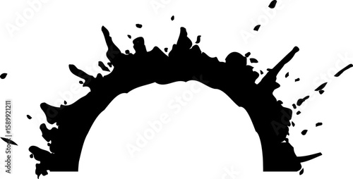 Grainy ink dot design with a central hollow semicircle.