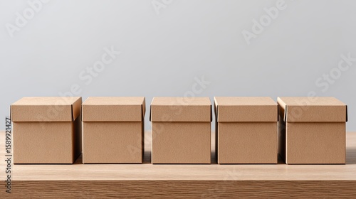 Five light brown cardboard boxes lined up on a light wooden surface against a light gray background