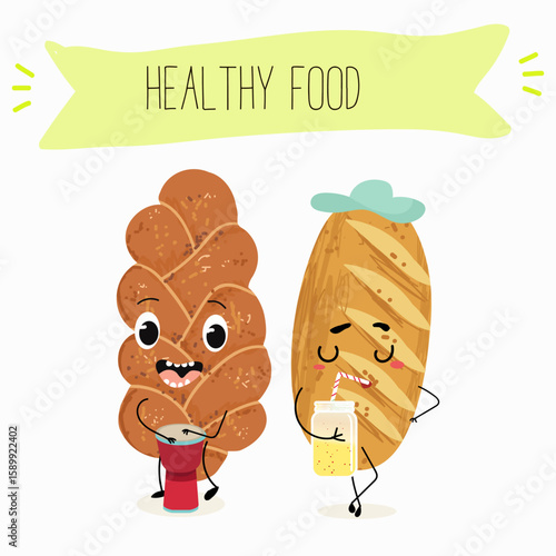 Baked food funny characters, hand drawn vector illustration.