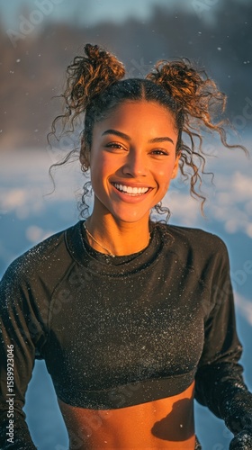 Smiling Woman Enjoying Winter Outdoors With Snow and Sunshine in Soft Light