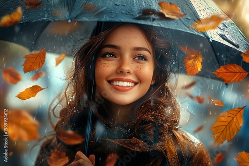 Beautiful Woman Enjoying Autumn Rain With Umbrella and Falling Leaves in Vibr...