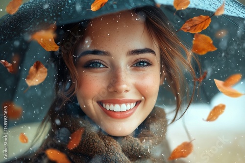 Beautiful Woman Enjoying Autumn Rain With Umbrella and Falling Leaves in Vibr...