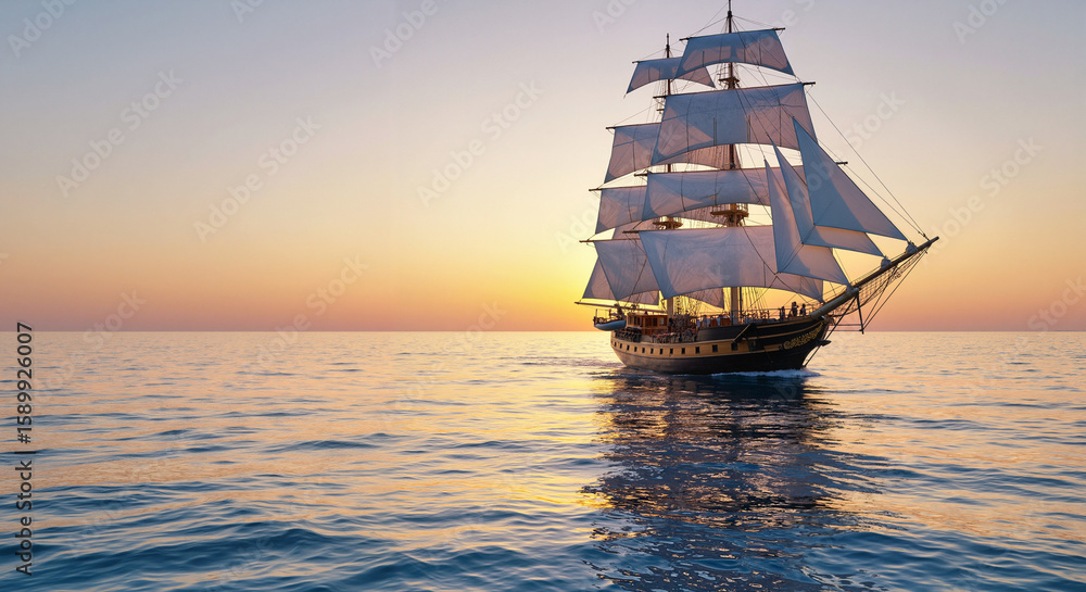 Fototapeta premium Sailing ship with white sails on calm ocean at sunset 