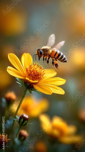 Bee Hovering Above Yellow Flower in a Vibrant Garden During a Sunny Afternoon