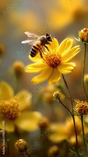 Bee Approaches a Vibrant Yellow Flower in a Sunlit Garden Filled With Sparkles.