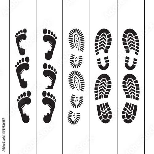 Black footprints and boot prints on white background graphic