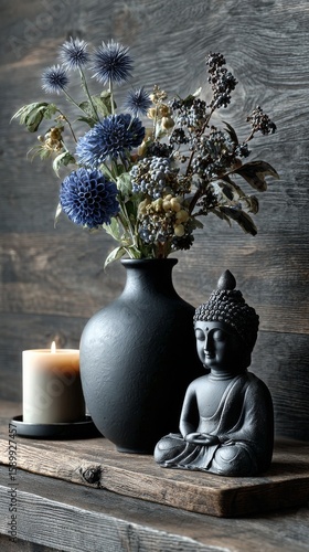 Elegant Still Life Featuring Black Vase, Flowers, Candle, and Buddha Statue o...