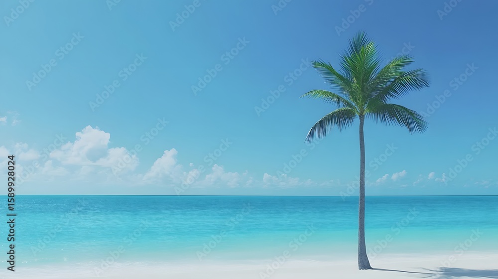 Fototapeta premium Serene Tropical Beach Scene, Palm Tree on White Sand and Turquoise Ocean