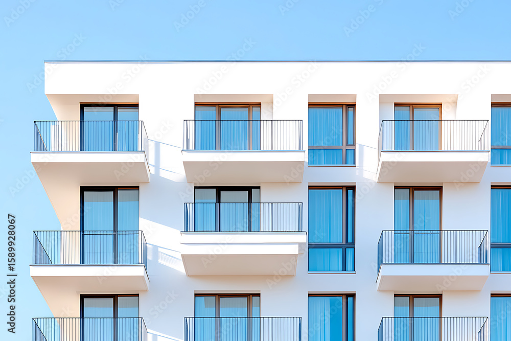 Fototapeta premium Modern architecture showcased through a building facade featuring sleek balconies and windows against a serene blue sky, highlighting contemporary design.