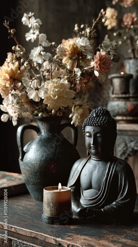 Serenity Through Still Life With Buddha Sculpture and White Flowers in Candle...