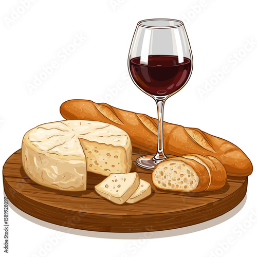 Cheese, wine glass, and sliced baguette vector illustration, warm palette, rustic table setting on white background