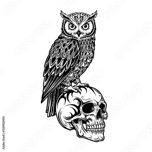 Tribal design of owl perched on human skull in bold black lines, intricate patterns on white background