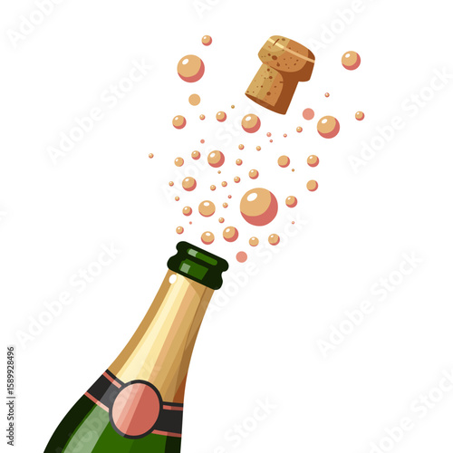 Abstract champagne bottle opening with stylized cork and bubbles, flat modern vector design, soft gradients