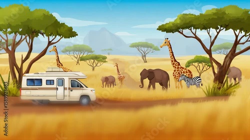safari african animals wild vehicle caravan travel environment summer 3d render animation video