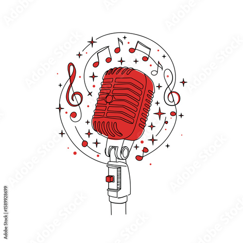 Vintage microphone monoline vector drawing with vibrant red capsule and spiraling treble clefs, lyrical curves, and stars, continuous line art on white background