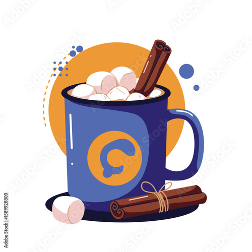 Mug with marshmallows and cinnamon stick in modern flat vector style, bold colors and geometric shapes