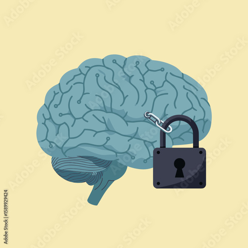 Flat vector illustration of a human brain with padlock, modern style in soft tones symbolizing mental security and locked thoughts