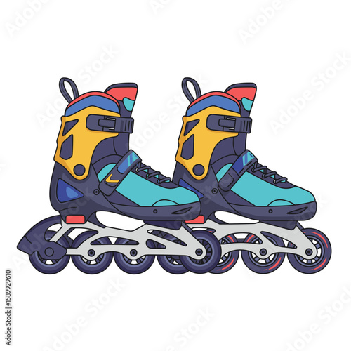 Pair of rollerblades side by side, sporty and modern look, clean lines, bright colors, flat vector illustration with white background 