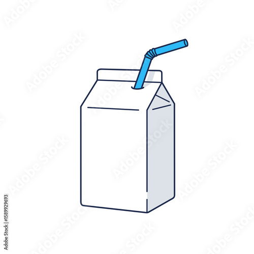 Milk carton with bendy straw in flat vector style, blue and white colors, simple front-facing design