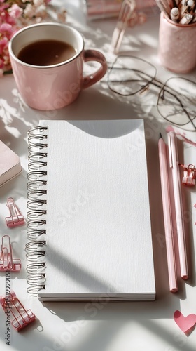 Cozy Workspace With Notebook, Pens, and Warm Coffee During Soft Morning Light