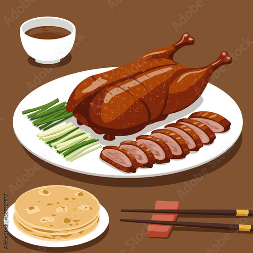 Sliced Peking duck on white plate with green onions and pancakes, flat vector illustration, warm rich colors, traditional Chinese food style