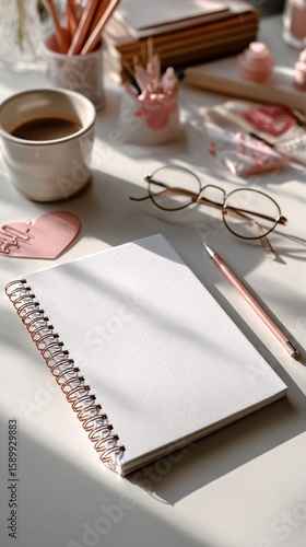 Cozy Workspace With Notebook, Pens, and Warm Coffee During Soft Morning Light.
