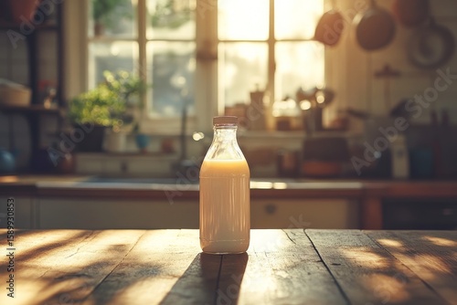 Sunlit Kitchen With a Glass Milk Bottle on a Wooden Table During Morning Hours