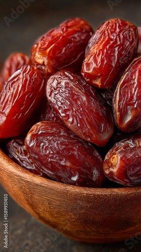 Fresh Dates in a Wooden Bowl Showcasing Rich Texture and Color at a Kitchen T...