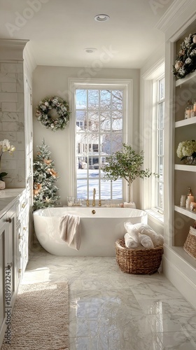 Cozy Winter Bathroom With Elegant Decor and a Peaceful View of Snow-Covered L...