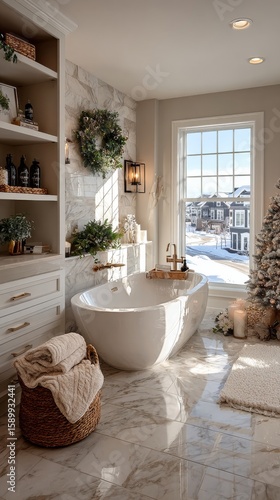 Cozy Winter Bathroom With Elegant Decor and a Peaceful View of Snow-Covered L...
