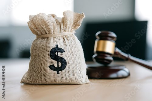 Money bag and gavel on a wooden surface. Financial judgment, legal fees, or settlement concepts. Economic justice or restitution.