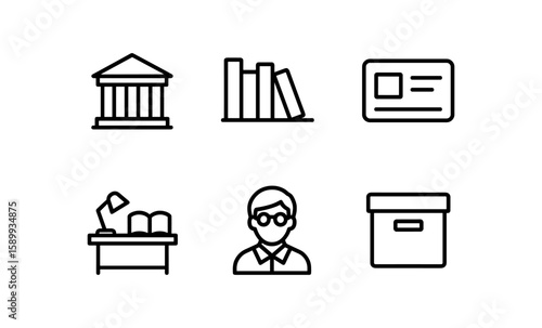Library icons set: linear designs for book management and organization