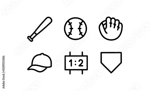 Minimalist baseball icons: bat, ball, glove, cap, scoreboard, home plate