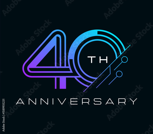40 Years Anniversary with technology element design vector illustration. Unique 40 years logo design template. In purple blue color.
