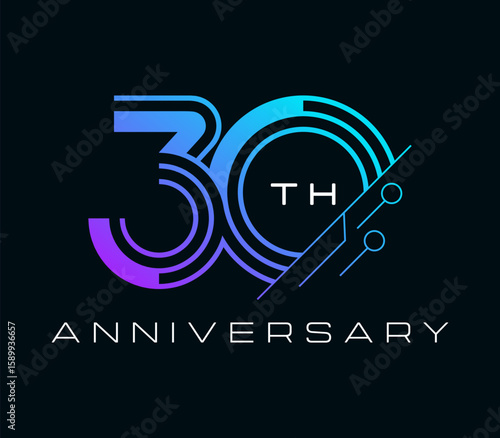 30 Years Anniversary with technology element design vector illustration. Unique 30 years logo design template. In purple blue color.