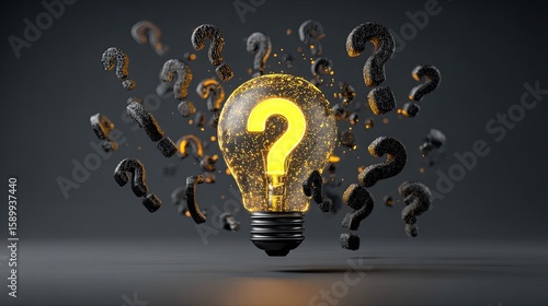Illuminated lightbulb with question marks, signifying ideas and unknowns