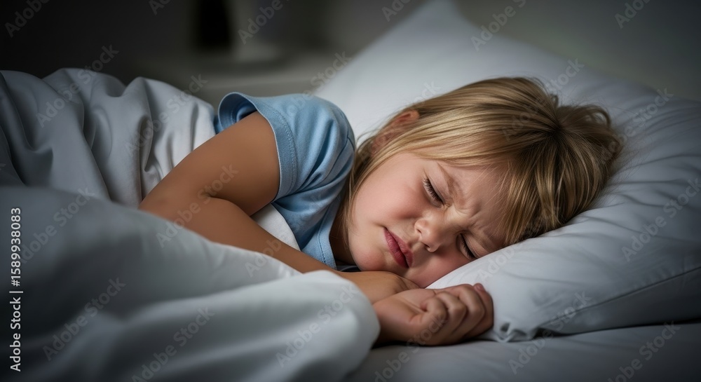 A young caucasian child sleeping and having a nightmare in bed. Kid screaming or crying as terrified by bad dream at night. A young caucasian child sleeping and having a nightmare in bed. Kid screaming or crying as terrified by bad dream at night.