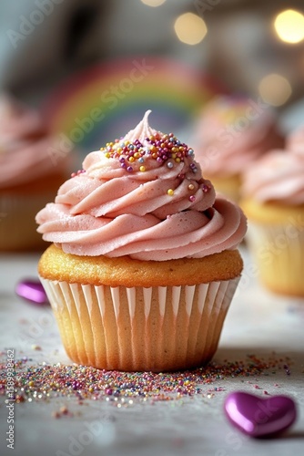 Delicious Cupcake With Colorful Sprinkles in a Vibrant Bakery Setting.