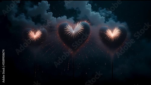 Three heart shaped fireworks against a night sky with clouds creating a romantic scene