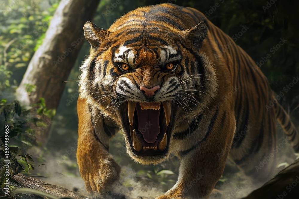 Fototapeta premium Enormous Saber-toothed Tiger, large Saber-toothed Tiger stands majestically