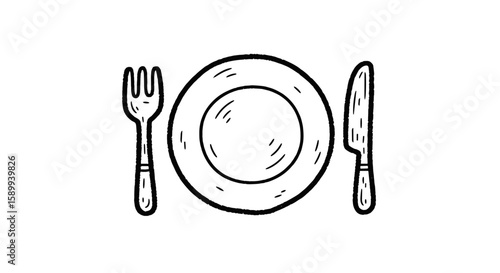 Plate and cutlery in chalk drawing style on transparent background  