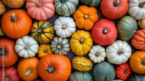 Colorful Assortment of Pumpkins on Display During Autumn Season at Local Farm...
