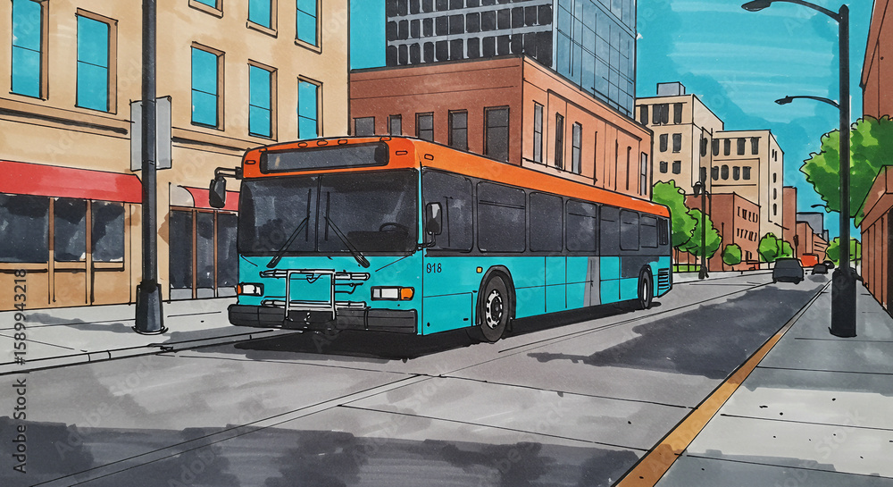 Fototapeta premium Marker illustration of colorful city bus on urban street with geometric perspective