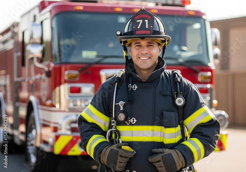 Wallpaper Mural Male firefighter in full gear stands smiling in front of a red fire truck.  Torontodigital.ca
