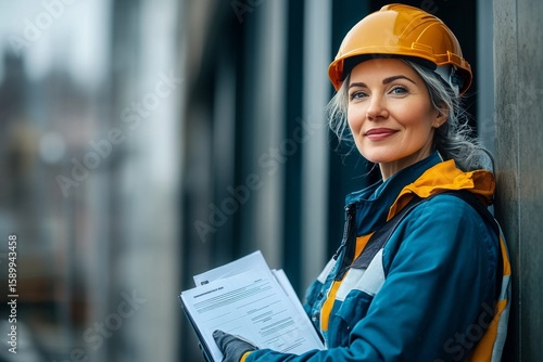 Skilled Worker in Hard Hat Holds Documents While Standing Outside Building in...